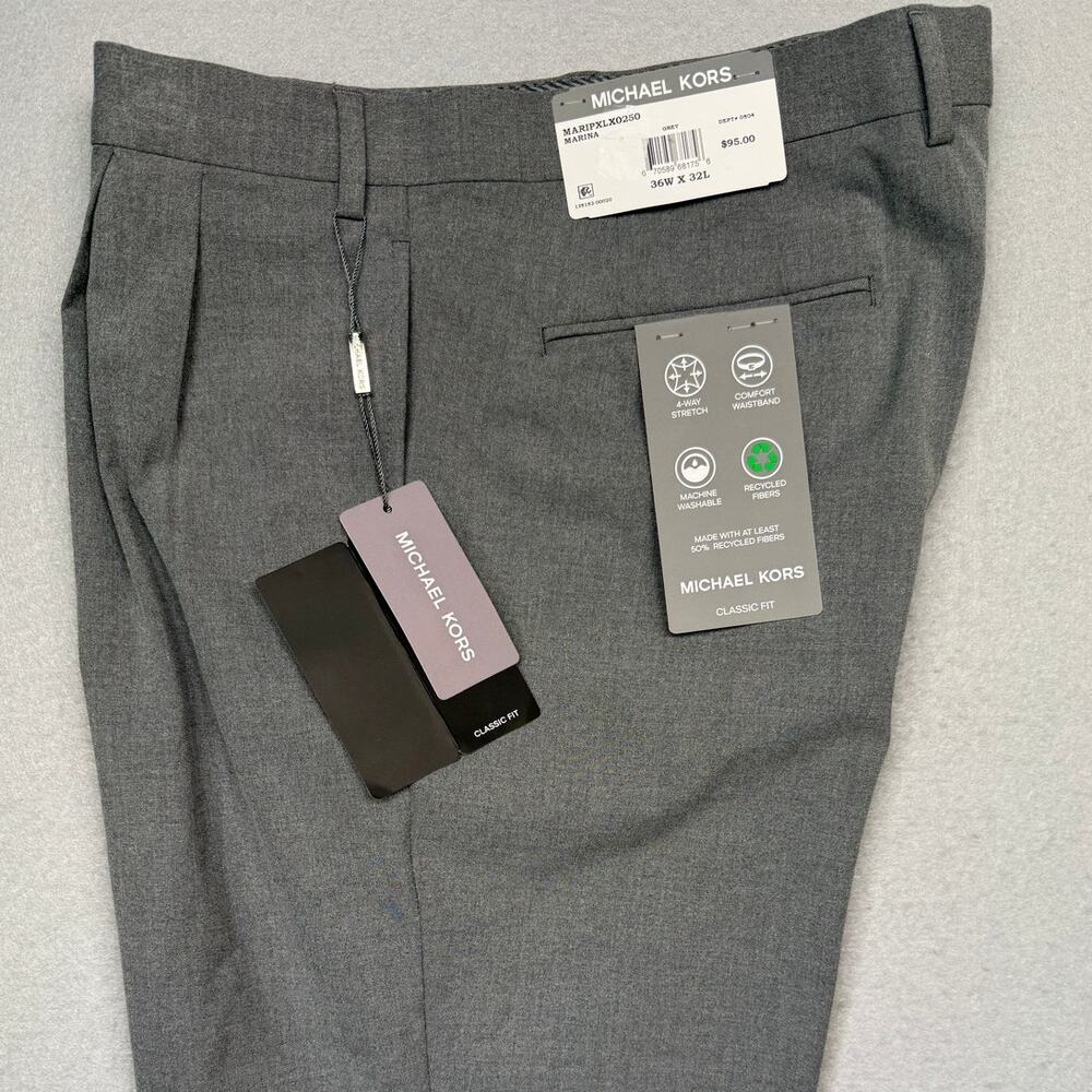Michael Kors Men's Pleated Solid Classic Fit Pants Grey 36x32 $95